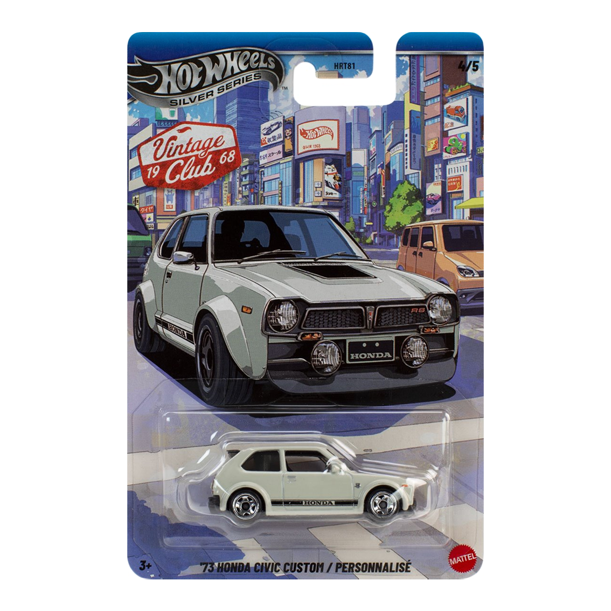 Hot Wheels '73 Honda Civic Custom Vintage Club Silver Series, 1:64 Scale Die-Cast, Cars Vehicles, Push and Play Car Toy