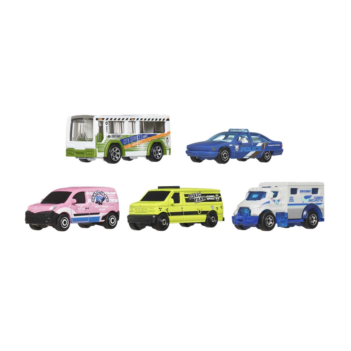 Matchbox 5-Pack MBX City Drivers V Cars Trucks Vehicles, 1:64 Scale Die-Cast, Push and Play Around, City Bus, Chevy Caprice Classic Police, Renault Kangoo Express, Ford Panel Van, Armored Truck