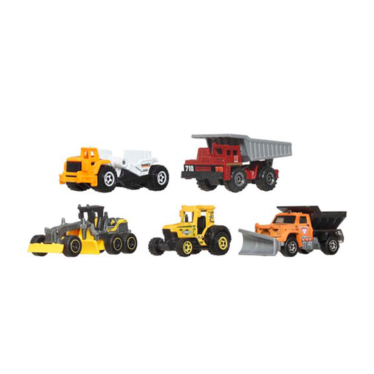 Matchbox 5-Pack MBX Construction Cars Trucks Vehicles, 1:64 Scale Die-Cast, Road Scraper, Turf Hauler, Ground Grinder, Tractor King, Plow Master 6000