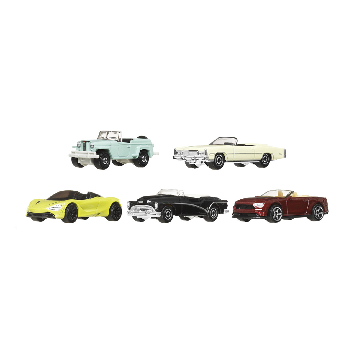 Matchbox 5-Pack MBX Convertible Cruisers Cars Trucks Vehicles, 1:64 Scale Die-Cast, 1948 Willys Jeepster, 1975 Cadillac Eldorado Convertible, Mclaren 720S Spider, 1953 Buick Skylark Convertible, 2018 Ford Mustang Convertible