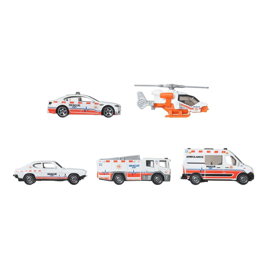 Matchbox 5-Pack MBX Rescue V Cars Trucks Vehicles, 1:64 Scale Die-Cast, BMW M5 Police, Mission Helicopter, 1970 Ford Capri RS 2600, Scania P360 Fire Truck, Renault Master Ambulance