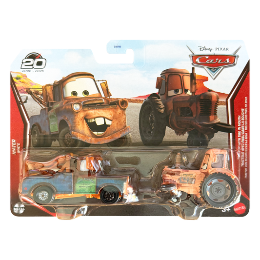 Disney Pixar Cars Mater and Tractor with Tire in Mouth 20th Anniversary 2-Pack 2026, Die-Cast Metal Toy Car, Authentic Character Vehicles, Cars Movies, Disney+ Cars on the Road, Kids Push-Around Play
