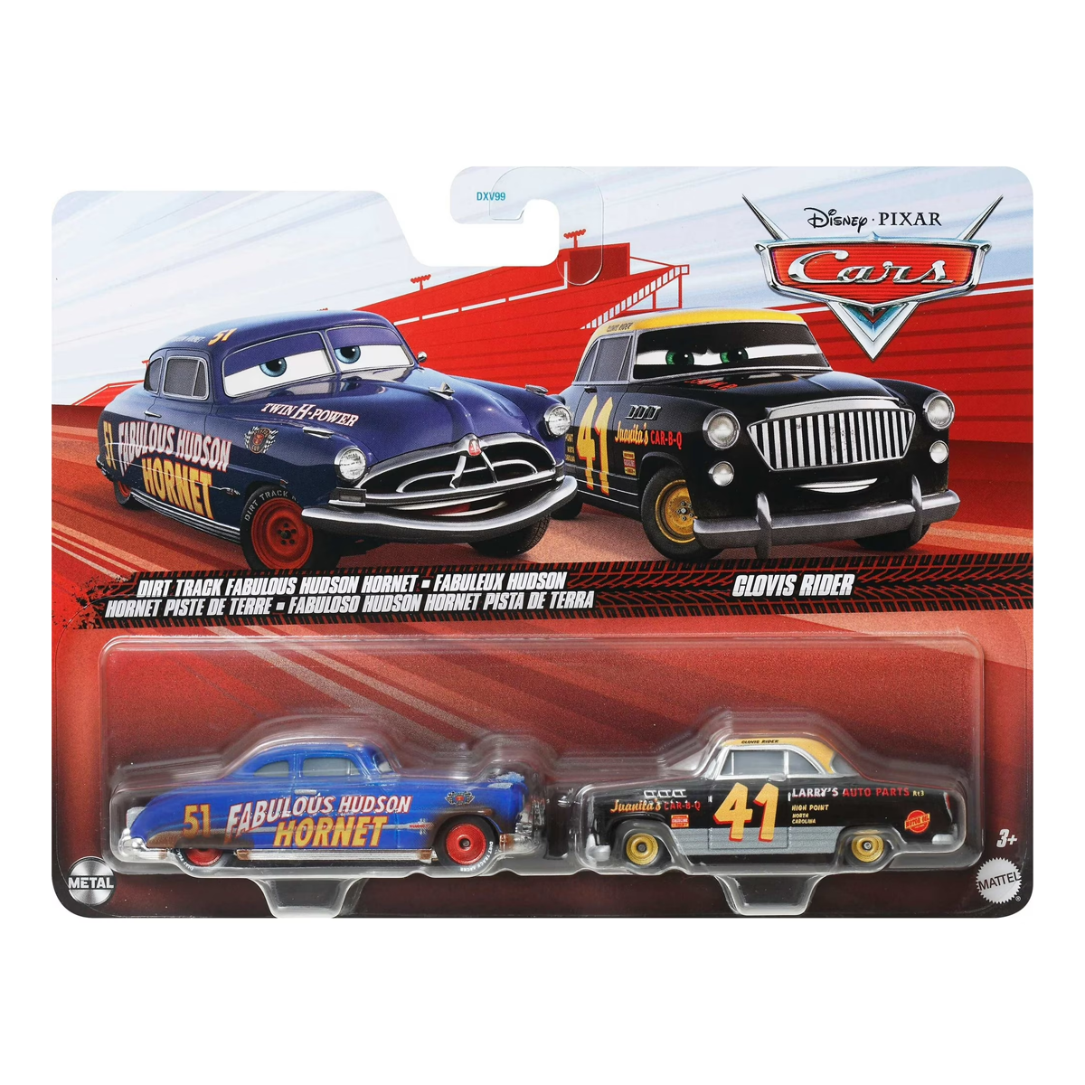 Disney Pixar Cars 2-Pack Dirt Track Fabulous Hudson Hornet and Clovis Rider, Die-Cast Metal Toy Car, Authentic Character Vehicles, Cars Movies, Disney+ Cars on the Road, Kids Push-Around Play