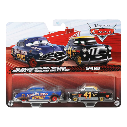Disney Pixar Cars 2-Pack Dirt Track Fabulous Hudson Hornet and Clovis Rider, Die-Cast Metal Toy Car, Authentic Character Vehicles, Cars Movies, Disney+ Cars on the Road, Kids Push-Around Play