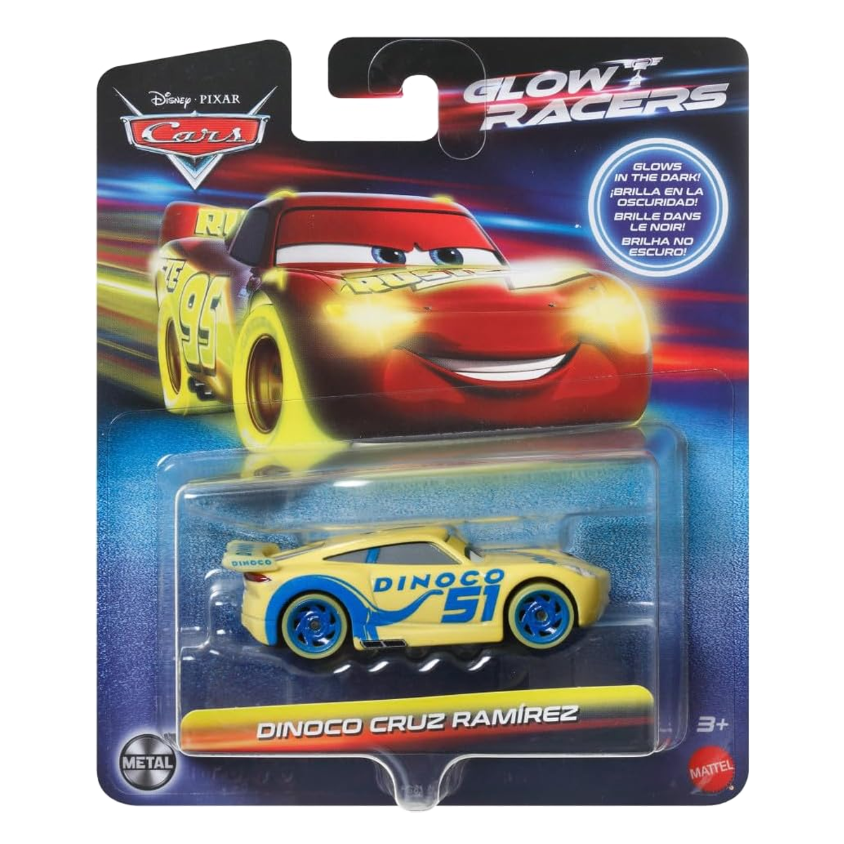 Disney Pixar Cars Glow Racers Dinoco Cruz Ramirez, Toy Car, Authentic Character Vehicles, Cars Movies, Disney+ Cars on the Road, Kids Push-Around Play, Glow in the Dark