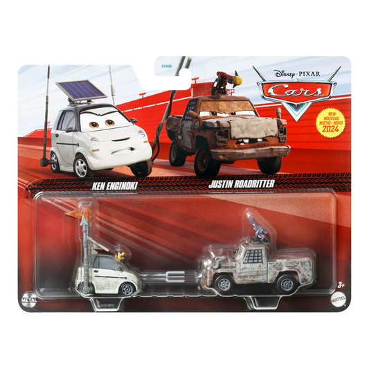 Disney Pixar Cars 2-Pack Ken Enginoki and Justin Roadritter, Die-Cast Metal Toy Car, Authentic Character Vehicles, Cars Movies, Disney+ Cars on the Road, Kids Push-Around Play