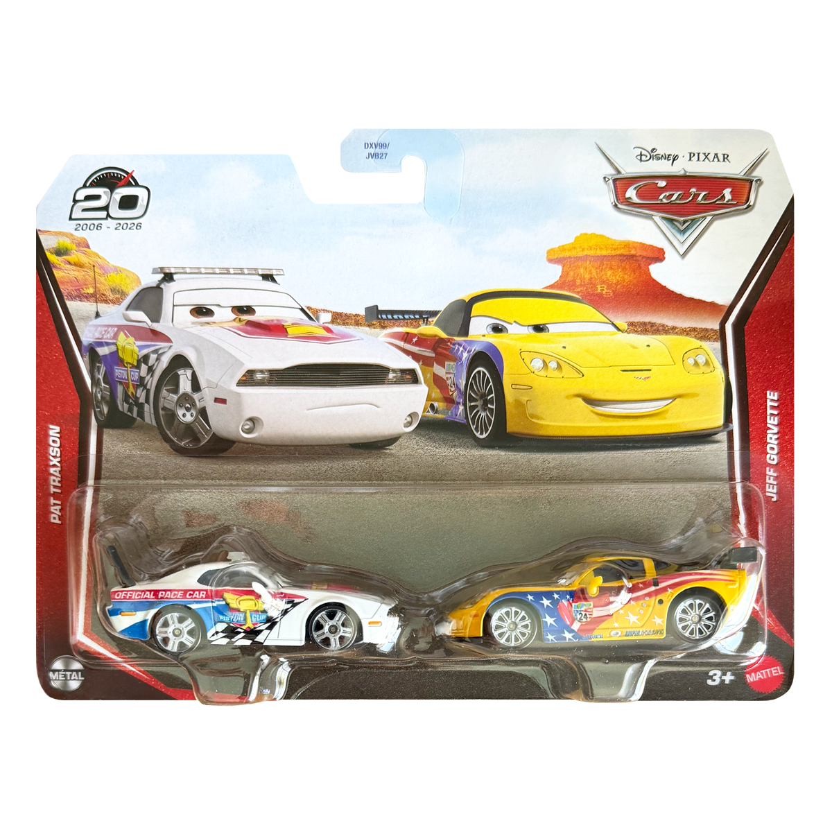 Disney Pixar Cars Pat Traxson and Jeff Gorvette 20th Anniversary 2026 2-Pack, Die-Cast Metal Toy Car, Authentic Character Vehicles, Cars Movies, Disney+ Cars on the Road, Kids Push-Around Play