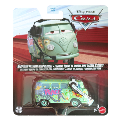 Disney Pixar Cars Race Team Fillmore with Headset, Die-Cast Metal Toy Car, Authentic Character Vehicles, Cars Movies, Disney+ Cars on the Road, Kids Push-Around Play