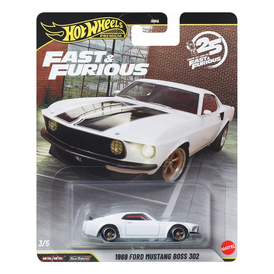 Hot Wheels Premium Fast & Furious 25 Years, 1969 Ford Mustang Boss 302, 1:64 Scale, Authentic Vehicle Replicas, Cars, Real Riders, Metal, Display and Play