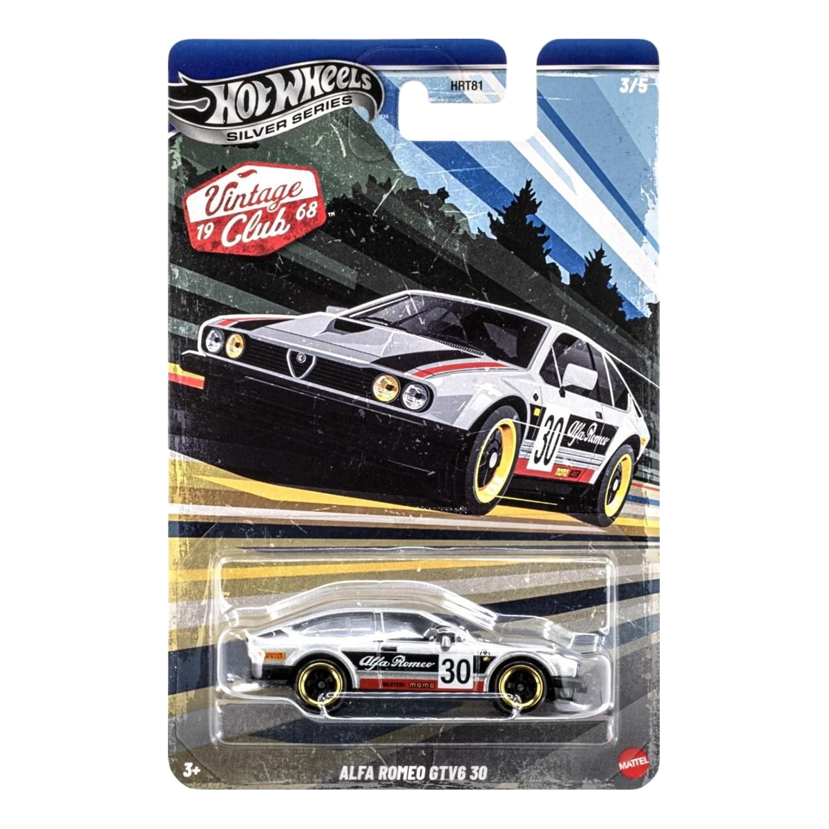 Hot Wheels Alfa Romeo GTV6 30 Vintage Club Silver Series, 1:64 Scale Die-Cast, Cars Vehicles, Push and Play Car Toy