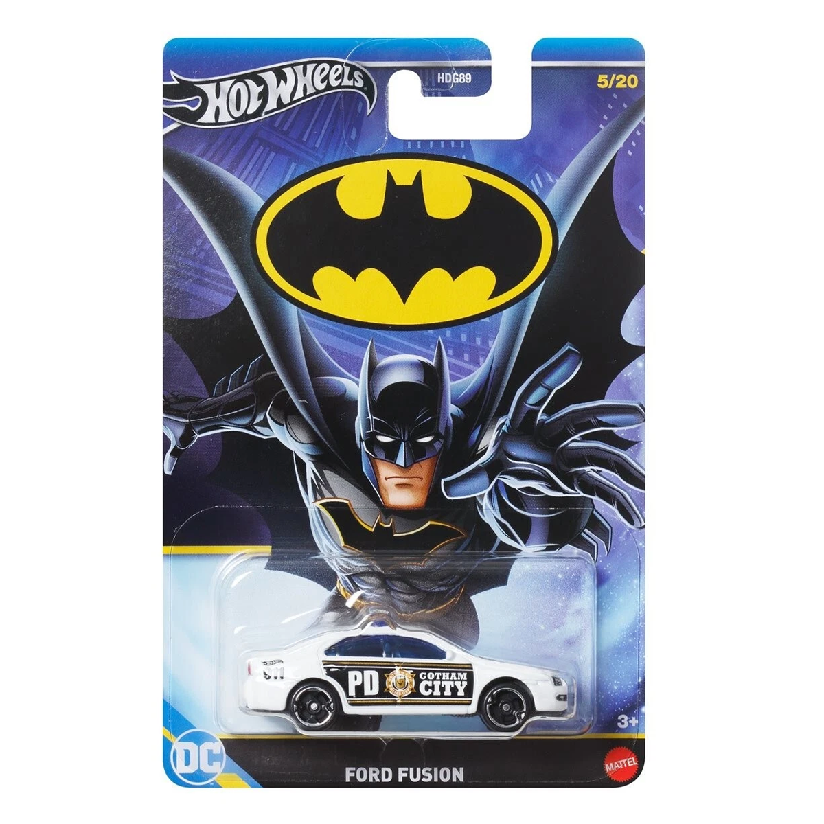 Hot Wheels Batman Theme Ford Fusion Gotham City PD 5/20, DC Comics, Cars Vehicles Trucks, Push and Play Car, 1:64 Scale Toy
