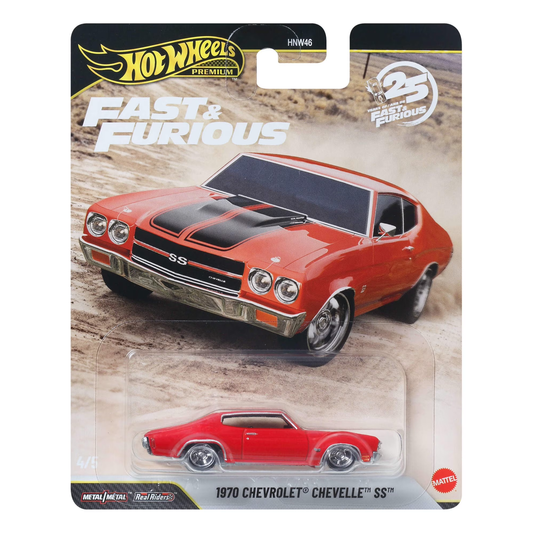 Hot Wheels Premium Fast & Furious 25 Years, 1970 Chevrolet Chevelle SS, 1:64 Scale, Authentic Vehicle Replicas, Cars, Real Riders, Metal, Display and Play