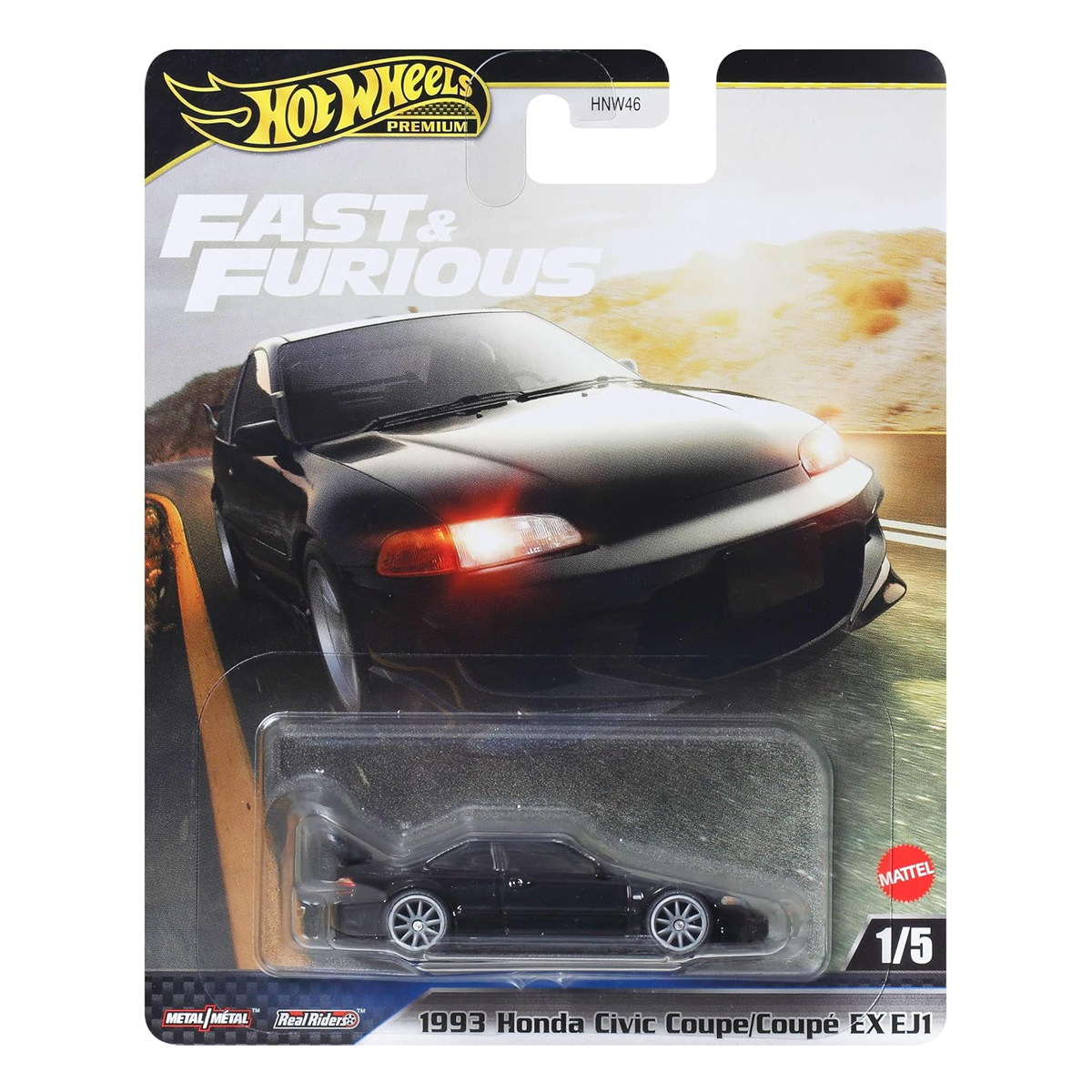 Hot Wheels Premium Fast & Furious 1993 Honda Civic Coupe EX EJ1, 1:64 Scale, Authentic Vehicle Replicas, Cars, Real Riders, Metal, Display and Play