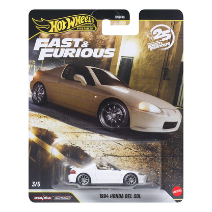 Hot Wheels Premium Fast & Furious 25 Years, 1994 Honda Del Sol , 1:64 Scale, Authentic Vehicle Replicas, Cars, Real Riders, Metal, Display and Play