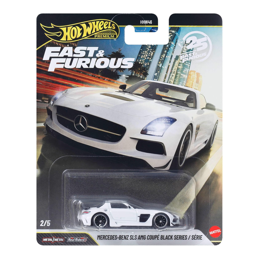Hot Wheels Premium Fast & Furious Mercedes-Benz SLS AMG Coupé Black Series, 1:64 Scale, Authentic Vehicle Replicas, Cars, Real Riders, Metal, Display and Play