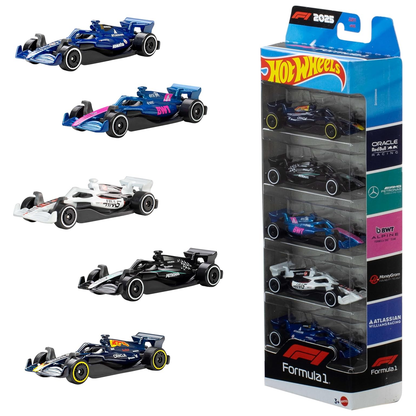 Hot Wheels Formula 1 F1 5-Pack 2025, 1:64 Scale, Authentic Vehicle Replicas, Oracle, Petronas, BWT, Haas, Komatsu, Cars, Display Push and Play, Kids and Collectors