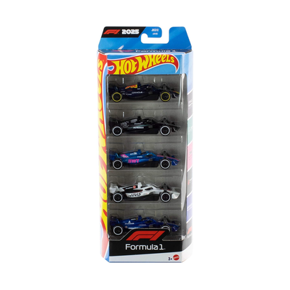Hot Wheels Formula 1 F1 5-Pack 2025, 1:64 Scale, Authentic Vehicle Replicas, Oracle, Petronas, BWT, Haas, Komatsu, Cars, Display Push and Play, Kids and Collectors