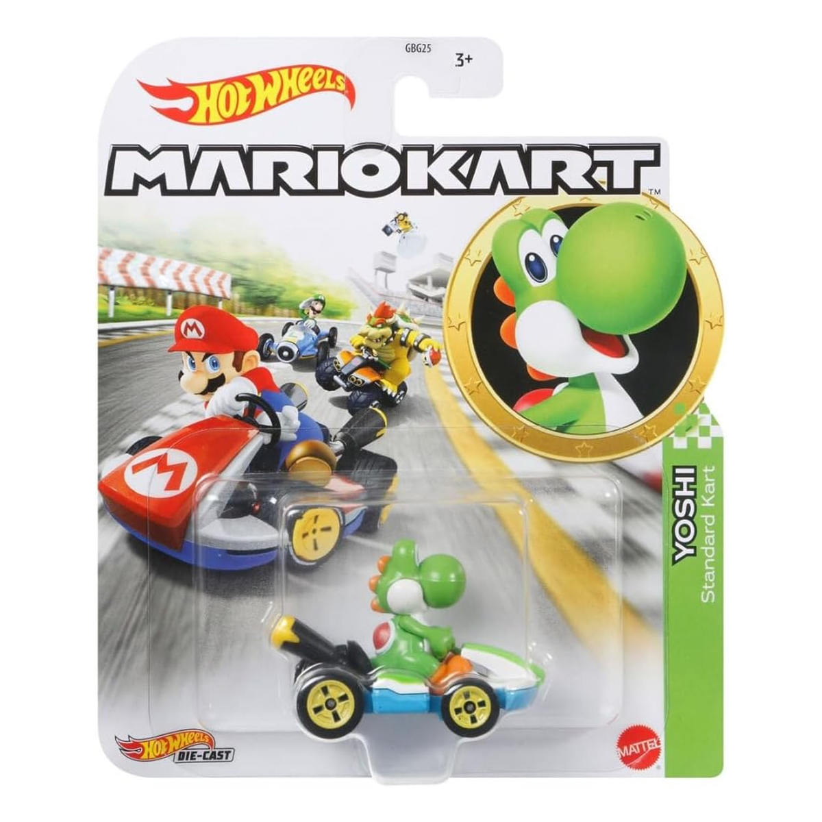 Hot Wheels Mario Kart Yoshi Standard Kart, Push and Play Car, Toy Cars, Stunt Race Adventure, Fan Favorite, Collector, 2026 Mattel