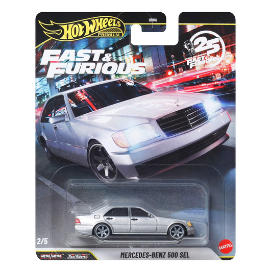 Hot Wheels Premium Fast & Furious 25 Years, Mercedes Benz 500 Sel, 1:64 Scale, Authentic Vehicle Replicas, Cars, Real Riders, Metal, Display and Play