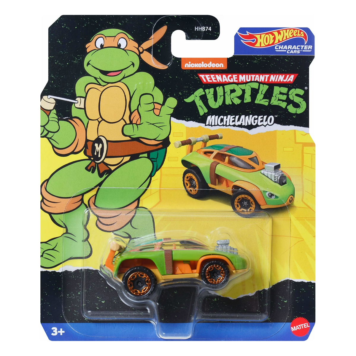 Hot Wheels Character Cars Michelangelo TMNT Teenage Mutant Ninja Turtles Nickelodeon, 1:64 Scale Car Vehicle, Licensed Blockbuster, Push-Around Play, Toy Collectors