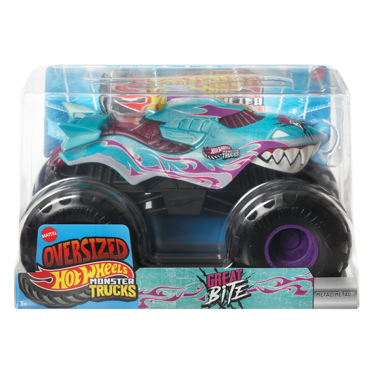 Hot Wheels Oversized Monster Trucks Great Bite, 1:24 Scale, Collectors Kids Toys, Push and Play, Crushing Smashing, Giant Wheels Die-Cast Metal Truck