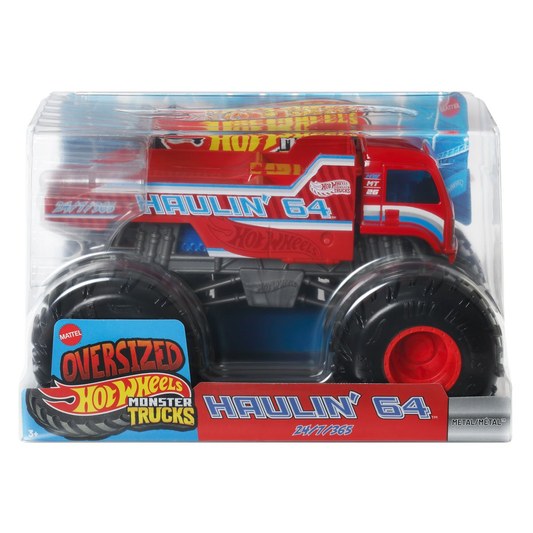 Hot Wheels Oversized Monster Trucks Haulin' 64, 1:24 Scale, Collectors Kids Toys, Push and Play, Crushing Smashing, Giant Wheels Die-Cast Metal Truck