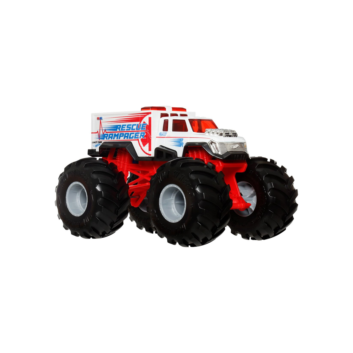 Hot Wheels Oversized Monster Trucks Ambulance Rescue Rampager, 1:24 Scale, Collectors Kids Toys, Push and Play, Crushing Smashing, Giant Wheels Die-Cast Metal Truck