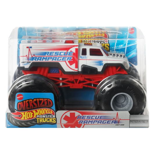 Hot Wheels Oversized Monster Trucks Ambulance Rescue Rampager, 1:24 Scale, Collectors Kids Toys, Push and Play, Crushing Smashing, Giant Wheels Die-Cast Metal Truck