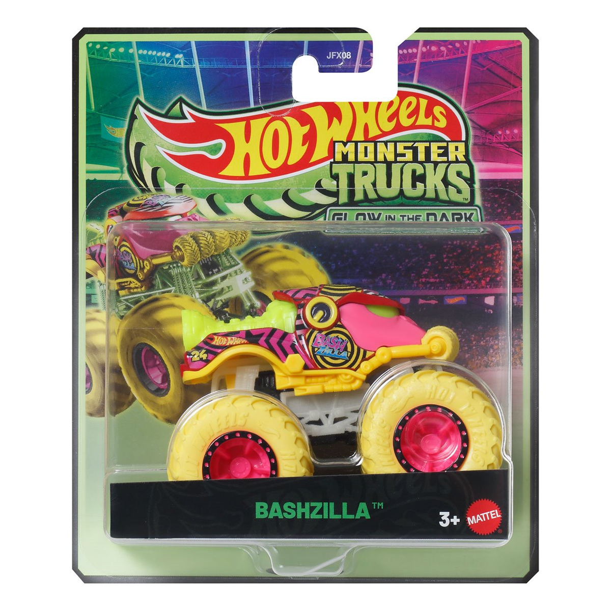 Hot Wheels Monster Trucks Glow in the Dark Bashzilla, Crashing, Smashing, 1:64 Scale, Authentic Vehicle Replicas, Cars, Display and Play, Mattel, 2025 2026, Fans Collectors, Big Wheels