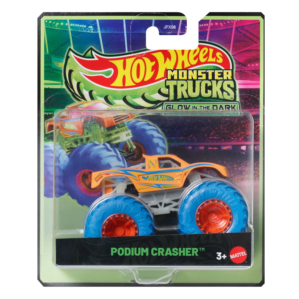 Hot Wheels Monster Trucks Glow in the Dark Podium Crasher, Crashing, Smashing, 1:64 Scale, Authentic Vehicle Replicas, Cars, Display and Play, Mattel, 2025 2026, Fans Collectors, Big Wheels