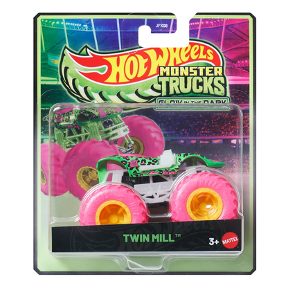Hot Wheels Monster Trucks Glow in the Dark Twin Mill, Crashing, Smashing, 1:64 Scale, Authentic Vehicle Replicas, Cars, Display and Play, Mattel, 2025 2026, Fans Collectors, Big Wheels