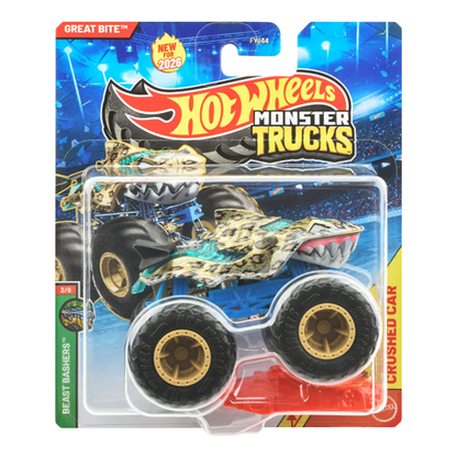 Hot Wheels Monster Trucks Great Bite, HWMT, Crushed Car, Beast Bashers 1:64 Scale, Authentic Vehicle Replicas, Cars, Display and Play, Mattel, 2026