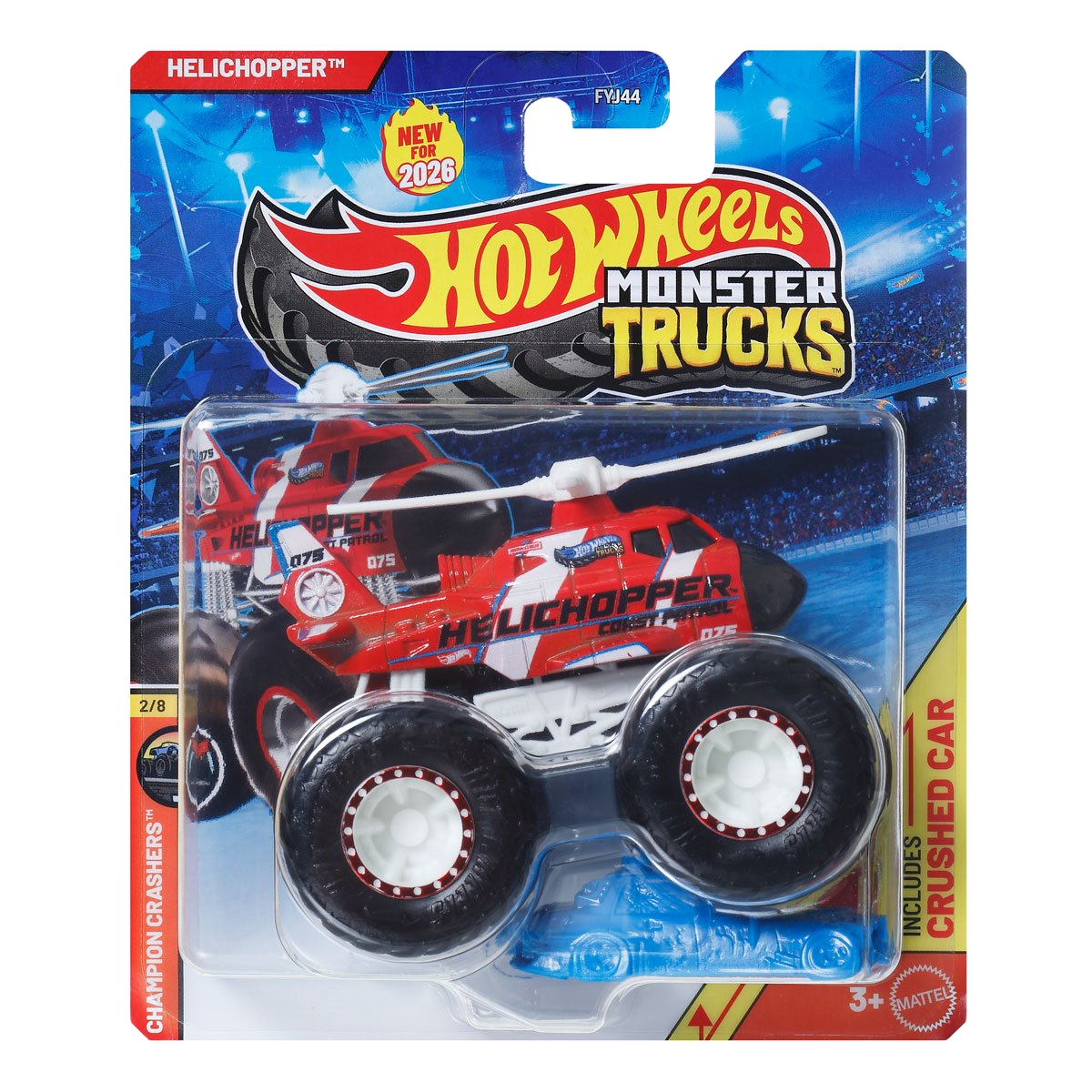 Hot Wheels Monster Trucks Helichopper, HWMT, Champion Crashers, Crushed Car, 1:64 Scale, Authentic Vehicle Replicas, Cars, Display and Play, Mattel, 2026
