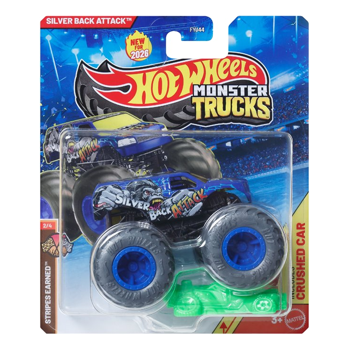 Hot Wheels Monster Trucks Silver Back Attack, HWMT, Stripes Earned, Crushed Car, 1:64 Scale, Authentic Vehicle Replicas, Cars, Display and Play, Mattel, 2026