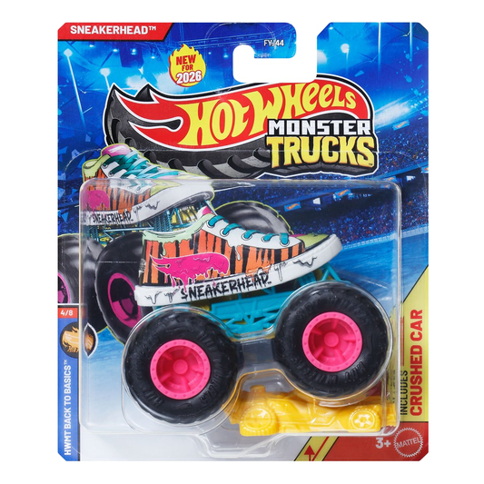 Hot Wheels Monster Trucks Sneakerhead, HWMT, Back to Basics, Crushed Car, 1:64 Scale, Authentic Vehicle Replicas, Cars, Display and Play, Mattel, 2026