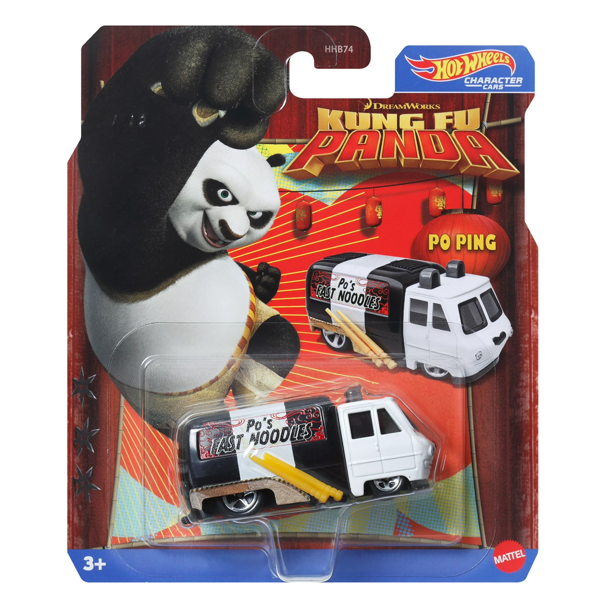 Hot Wheels Character Cars Po Ping, DreamWorks Kung Fu Panda, 1:64 Scale Car Vehicle, Licensed Blockbuster, Push-Around Play, Toy Collectors