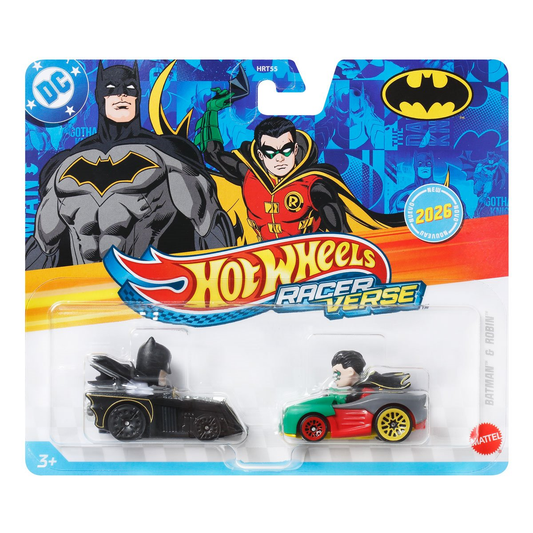 Hot Wheels Racer Verse Batman and Robin, 2026 2-Pack, DC Comics, Toy Cars Vehicles Die-Cast, 1:64 Scale, Push and Go Play