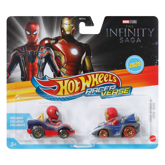 Hot Wheels Racer Verse Iron Spider and Iron Man, Disney Marvel The Infinity Saga, 2026 2-Pack, Toy Cars Vehicles Die-Cast, 1:64 Scale, Push and Go Play