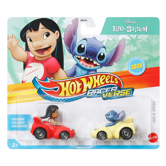 Hot Wheels Racer Verse Lilo and Stitch, Disney, 2026 2-Pack, Toy Cars Vehicles Die-Cast, 1:64 Scale, Push and Go Play