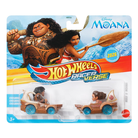 Hot Wheels Racer Verse Maui and Moana, 2026 2-Pack, Disney, Toy Cars Vehicles Die-Cast, 1:64 Scale, Push and Go Play