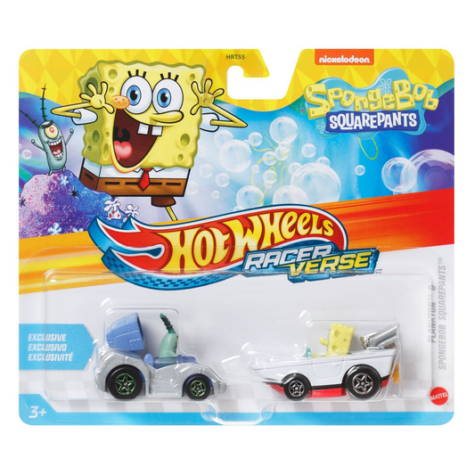 Hot Wheels Racer Verse Plankton and SpongeBob SquarePants, 2026 2-Pack, Nickelodeon, Toy Cars Vehicles Die-Cast, 1:64 Scale, Push and Go Play