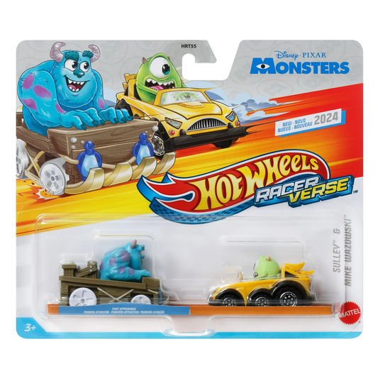 Hot Wheels Racer Verse Sulley and Mike Wazowski, Disney Pixar Monsters, 2026 2-Pack, DC Comics, Toy Cars Vehicles Die-Cast, 1:64 Scale, Push and Go Play