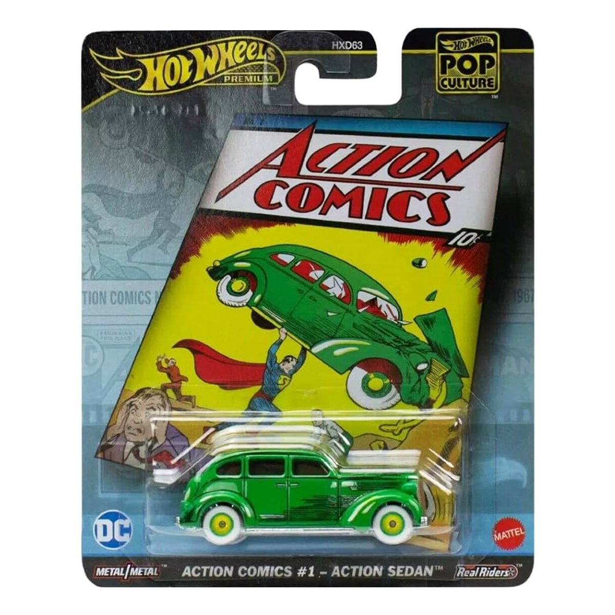 Hot Wheels Premium DC Action Comics 1 Action Sedan Superman, 1:64 Scale, Authentic Vehicle Replicas, Cars, Real Riders, Metal, Display and Play