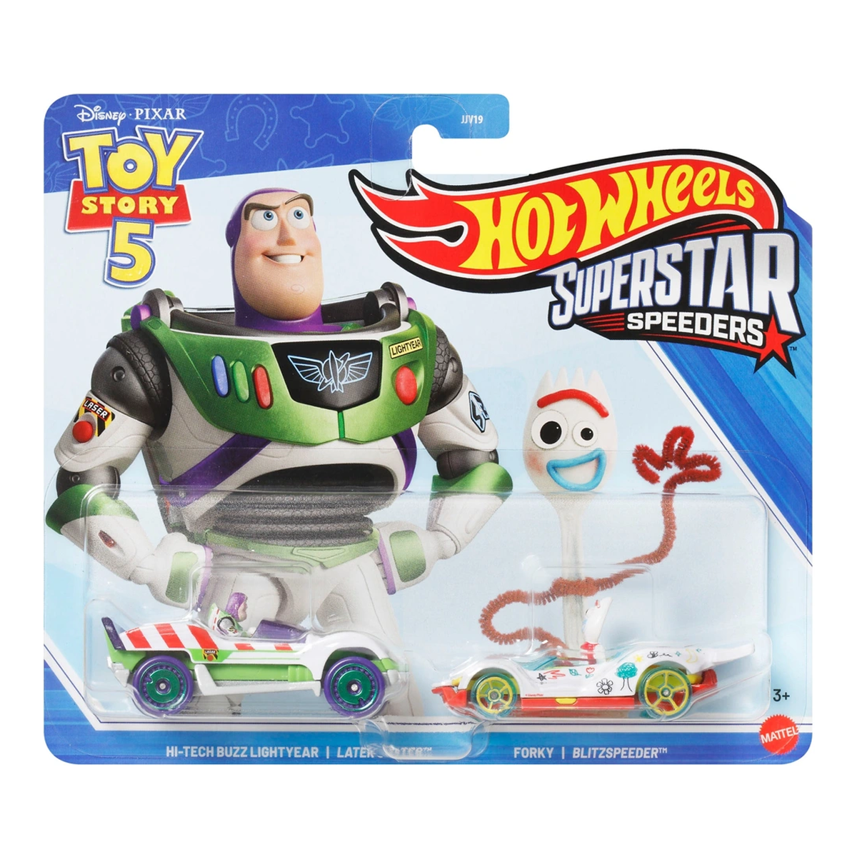 Hot Wheels Superstar Speeders Hi-Tech Buzz Lightyear and Forky 2-Pack, Disney Pixar Toy Story 5, Toy Race Car, Original Character, Later Crater, Blitzspeeder, Push and Play