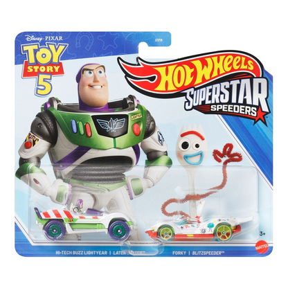 Hot Wheels Superstar Speeders Hi-Tech Buzz Lightyear and Forky 2-Pack, Disney Pixar Toy Story 5, Toy Race Car, Original Character, Later Crater, Blitzspeeder, Push and Play