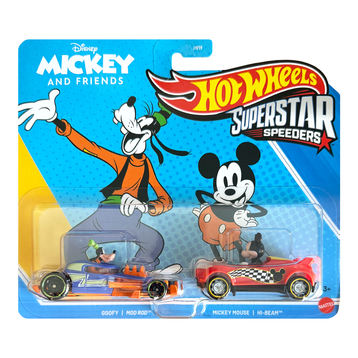 Hot Wheels Superstar Speeders Goofy and Mickey Mouse 2-Pack, Disney Mickey and Friends, Toy Race Car, Original Character, Mod Rod, Hi-Beam, Push and Play