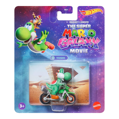 Hot Wheels The Super Mario Galaxy Movie Yoshi Motorcycle, Mario Kart, Toy Race Car, Original Character, Push and Play, Nintendo, Illumination
