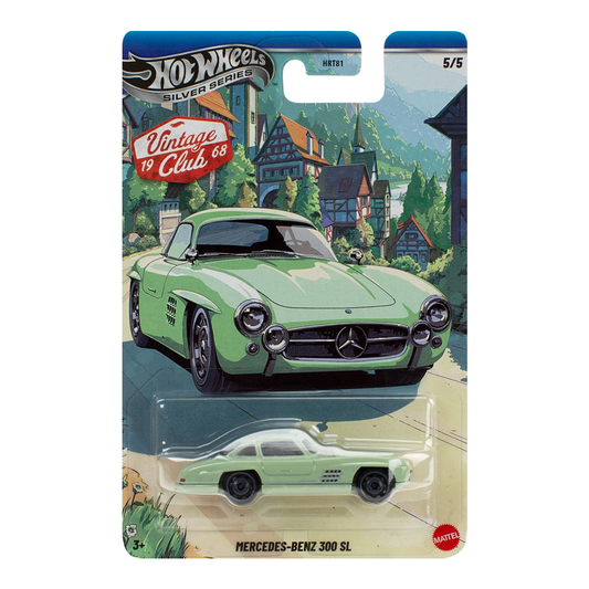 Hot Wheels Mercedes-Benz 300 SL Vintage Club Silver Series, 1:64 Scale Die-Cast, Cars Vehicles, Push and Play Car Toy