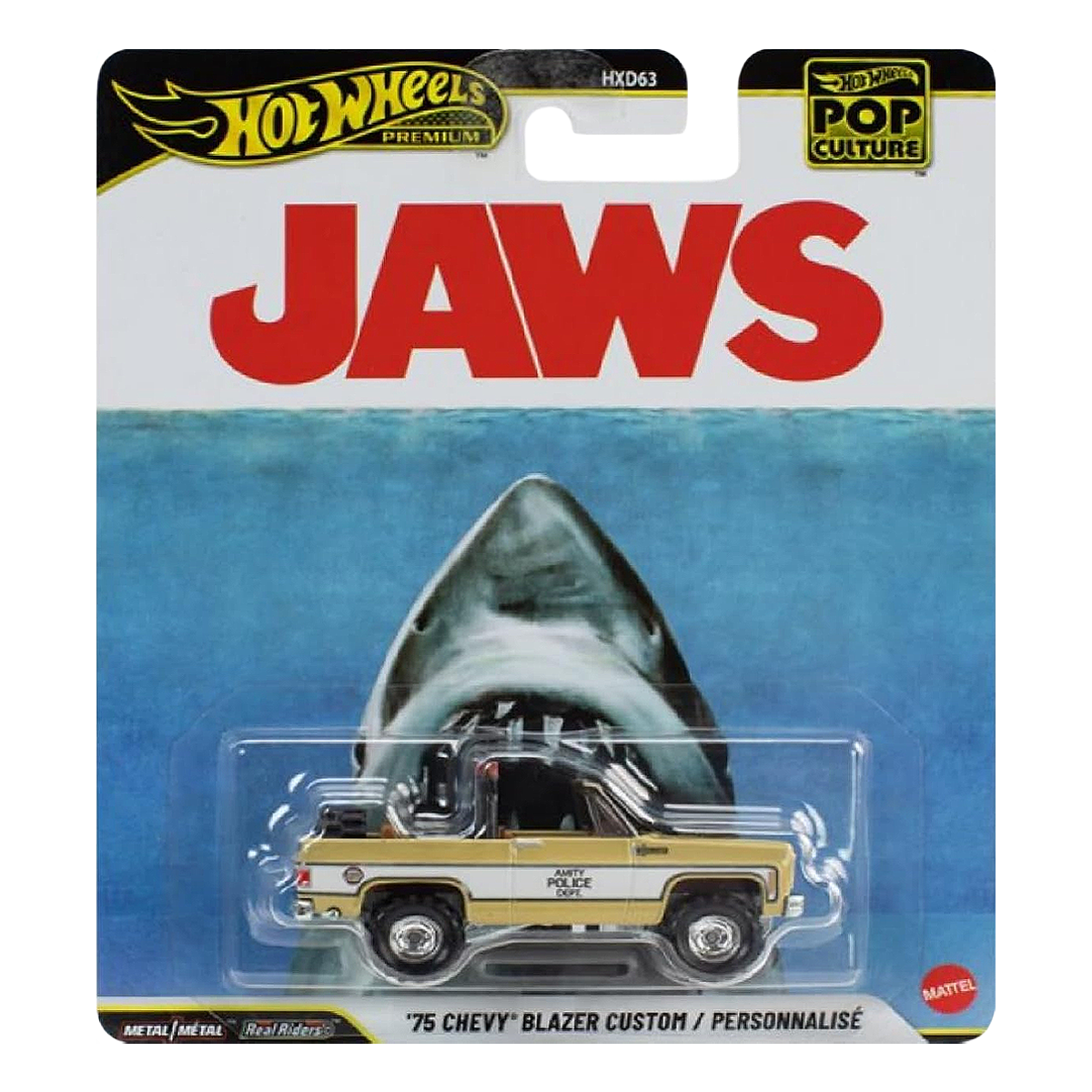 Hot Wheels Premium '75 Chevy Blazer Custom Jaws, Pop Culture, 1:64 Scale, Authentic Vehicle Replicas, Cars, Real Riders, Metal, Display and Play, Mattel, Pop Culture 2026 2027