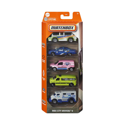 Matchbox 5-Pack MBX City Drivers V Cars Trucks Vehicles, 1:64 Scale Die-Cast, Push and Play Around, City Bus, Chevy Caprice Classic Police, Renault Kangoo Express, Ford Panel Van, Armored Truck